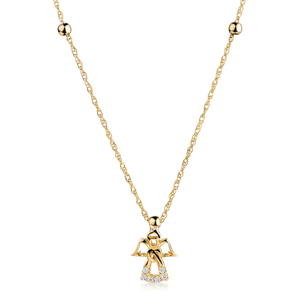 Collier 2 Kugeln und Engel-Anhänger 6 Zirkonia Gold 333 - Doppel-Ankerkette 45cm