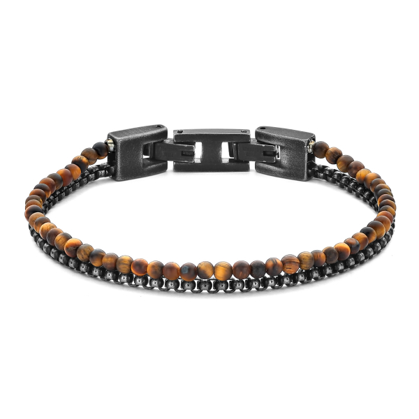 Frank 1967 Armband 2-reihig Edelstahl IPB - Tigerauge und Venezianerkette