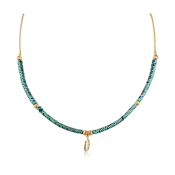 Collier Hämatit mit 6 Kugeln und 1 Feder Silber 925 vergoldet