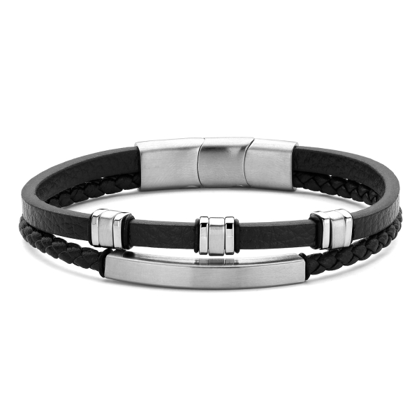 Frank 1967 Armband Echtleder Schwarz 2-reihig Edelstahl mit Schild