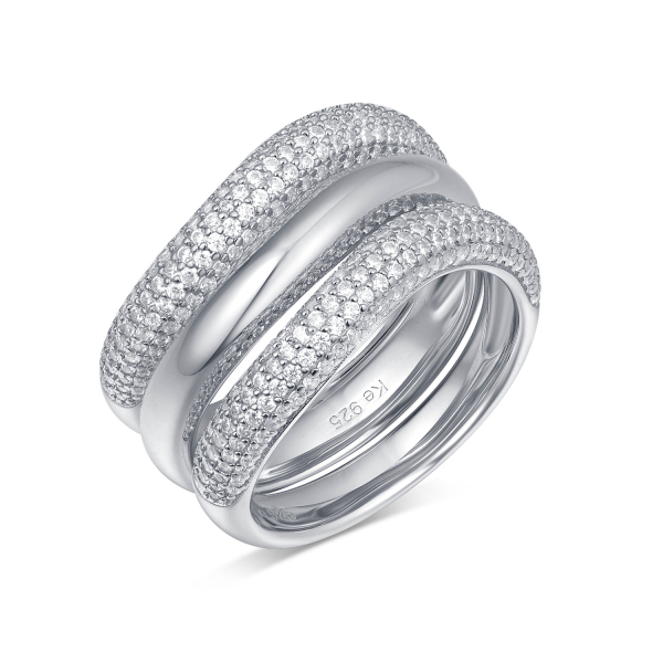 3er Damenring Set Silber 925 rhodiniert - 308 Zirkonia - Geschwungen