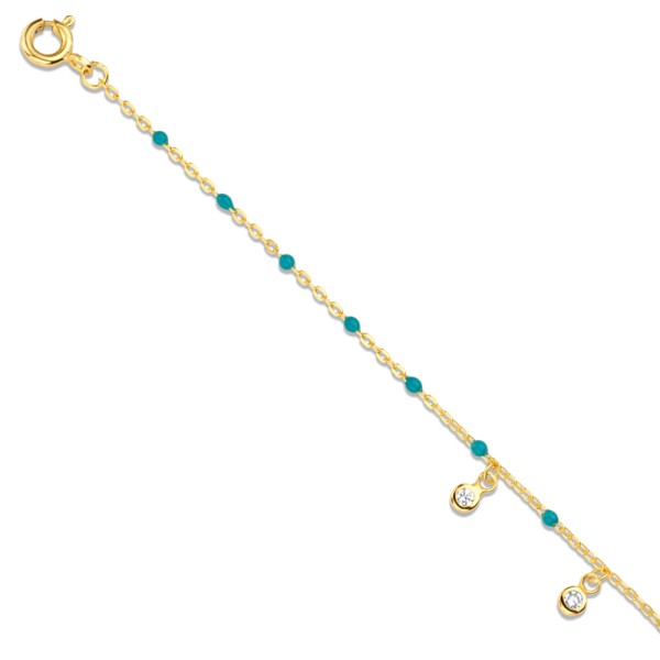 Armband Silber 925 vergoldet - 3 Zirkonia und Emaille-Perlen Türkis