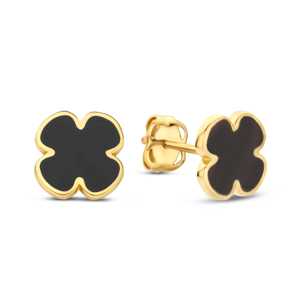 Ohrstecker Kleeblatt Gold 585 - Lack Schwarz - 6,9x6,7mm