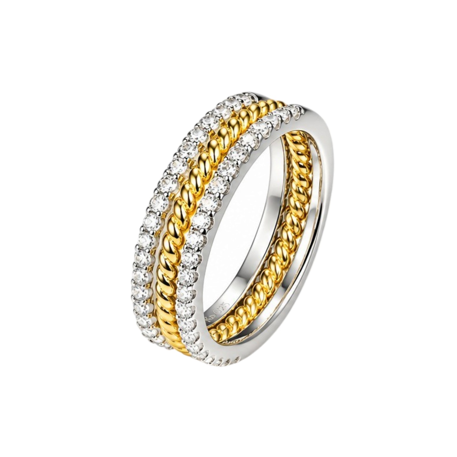 3er Damenring Set Silber 925 Bicolor - 18 Karat vergoldet - 40 Zirkonia