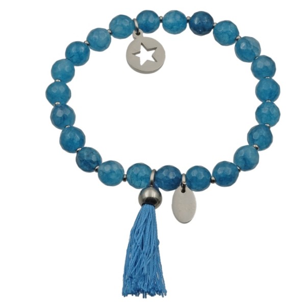 Lovebird Armband Achat blau Edelstahl IPS - Quaste und Sternanhänger