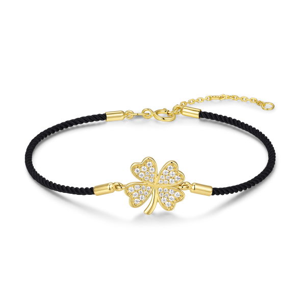 Schwarzes Textilarmband Silber 925 mit Kleeblatt und 36 Zirkonia - rhodiniert oder vergoldet - 19cm