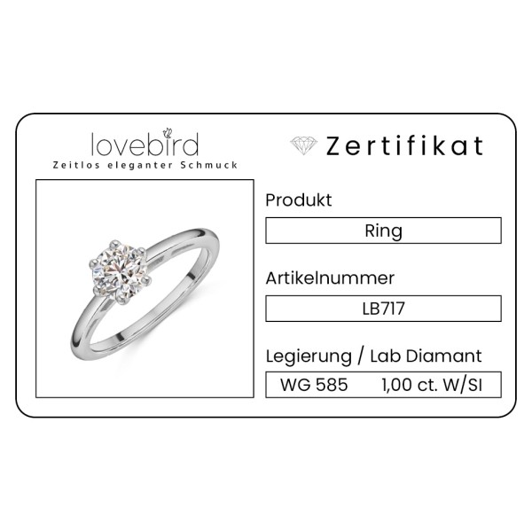 Lovebird Damenring Weißgold 585 - Lab Grown Brillant 1,00 ct. - 6 Stotzen Fassung - Bild 3