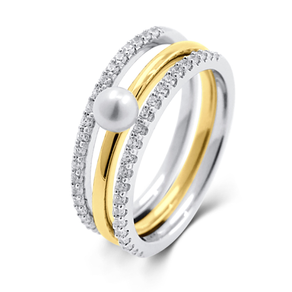 3er Damenring Set Silber 925 Bicolor - Süßwasser-Zuchtperle und 46 Zirkonia