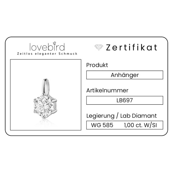 Lovebird Anhänger Lab Grown Brillant 1,00 ct. Weißgold 585 - 6-Stotzen-Fassung - Bild 3