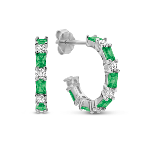 Ohrstecker Creolen mit 24 Zirkonia Silber 925 rhodiniert - Ø 14mm - Olivgrün