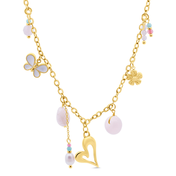 Lovebird Collier mit Herz, Schmetterling, Blume und Bead Edelstahl IPG