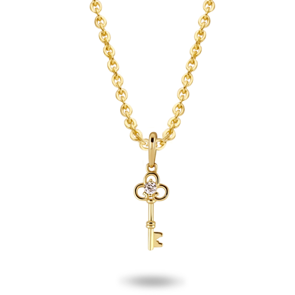 Collier Schlüssel mit Zirkonia Gold 585 - Ankerkette 45cm mit Zwischenösen
