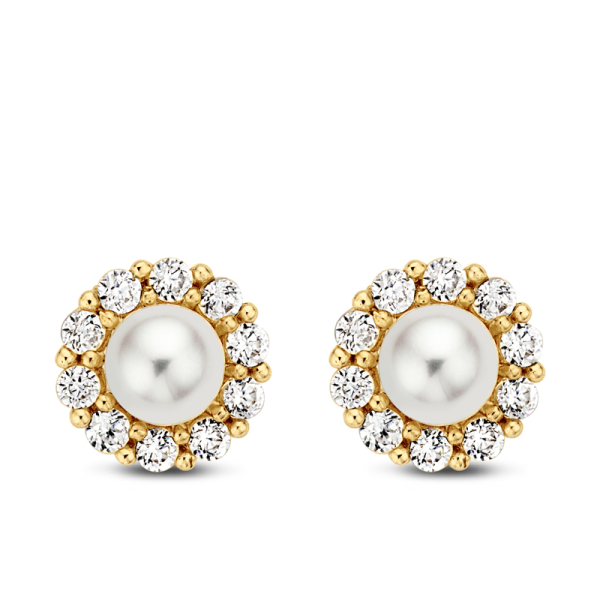 Ohrstecker Süßwasser-Zuchtperle Gold 585 - 20 Zirkonia - Ø 6mm