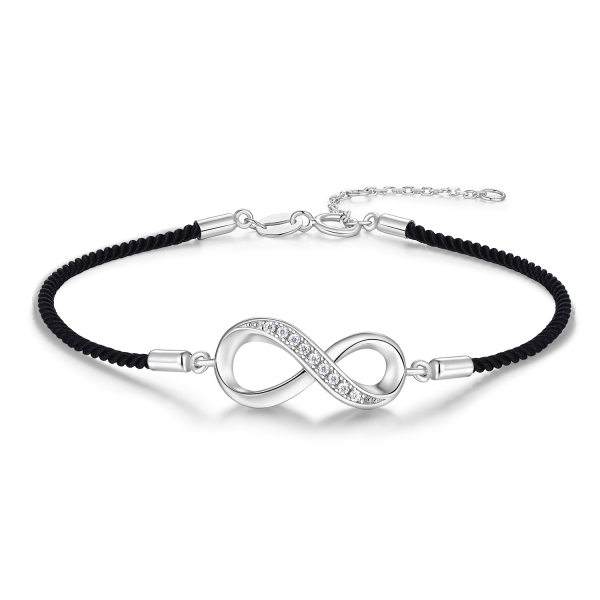 Textilarmband schwarz Silber 925 rhodiniert - Infinity-Element - 9 Zirkonia