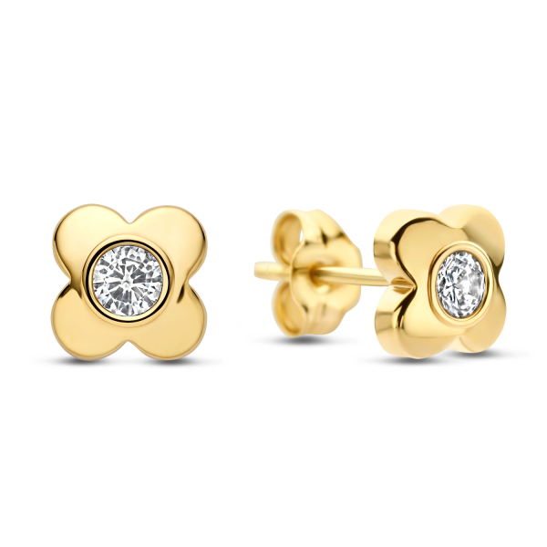 Ohrstecker Kleeblatt Gold 585 - Hochglanz mit Zirkonia - 4,6mm