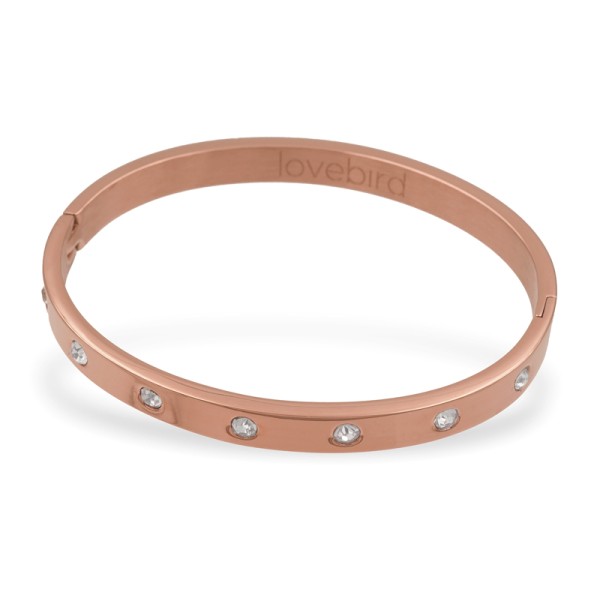 Lovebird Armreif mit 7 Kristallen Edelstahl - Roségoldfarbene IP-Beschichtung - Gravur