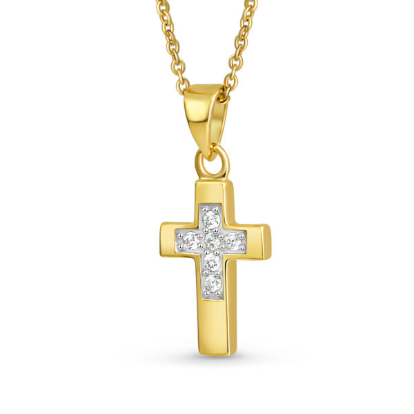 Anhänger Kreuz Silber 925 vergoldet - Seidenmatt - 6 Zirkonia - 12mm