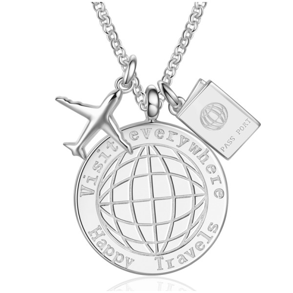 Collier Traveller Silber 925 - 3 Anhänger Kreis, Pass und Flugzeug