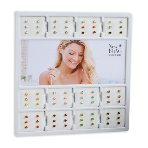 Schmuckdisplay mit 36 Paar Zirkonia-Ohrsteckern Ø 4mm Silber 925 vergoldet - Farbig